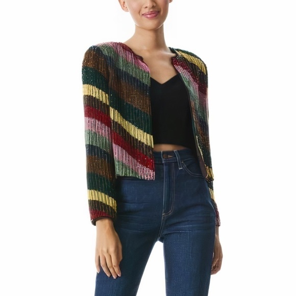 NWT Alice + Olivia Sequin Silk Rainbow-Striped Kidman Cropped Jacket - Picture 3 of 8